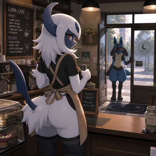 A female anthro Absol, who’s working at the cafe with an apron on, and having a not too bad day. Well-made Animated version. Wears eyeliner and has thigh highs. Back/side view. Sees a Lucario.