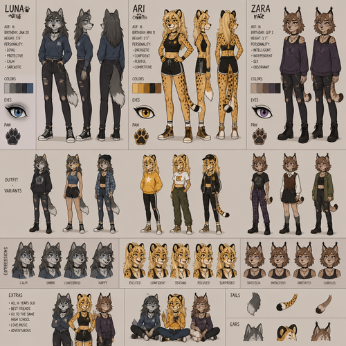 A female teenage anthropomorphic wolf cheetah and lynx, reference sheet, animated version 