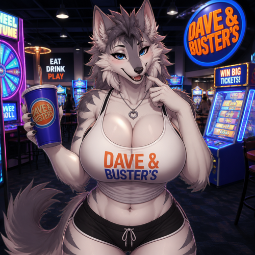 A well-made busty female adult Sergal is inside the Dave’s and Busters arcade in a mall, and having a good time. Animated version. Wears a visible tank-top. Flirty and soft. Front view.