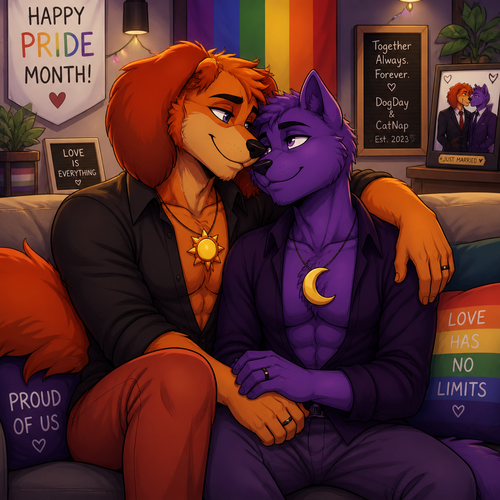 A anthropomorphic smiling critters verse. Both anthro DogDay and Catnap are both boyfriends living together and married. Sits together on a sofa. Today’s pride month. Both grownups. Animated art version. Looking at each other in wholesome. Yaoi.