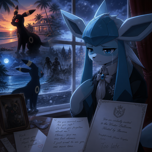 In an anthropomorphic Pokemon universe, A sad Glaceon (the adult Barron with no name) who lives in a snowy land and misses a non-rich grown Umbreon male who lives in a small modern house at the beach in Hawaii island named Rick, and wishes to see him again. Well-made anime version. Knew that he should invited Rick at his ballroom but it’s already too late. More than a friend. Worried and afraid about if Rick was married or outrun by Zombies (like the game;Dead island) or even worse, forgotten about him for evermore. Wanted to see Rick and begging for one last chance.