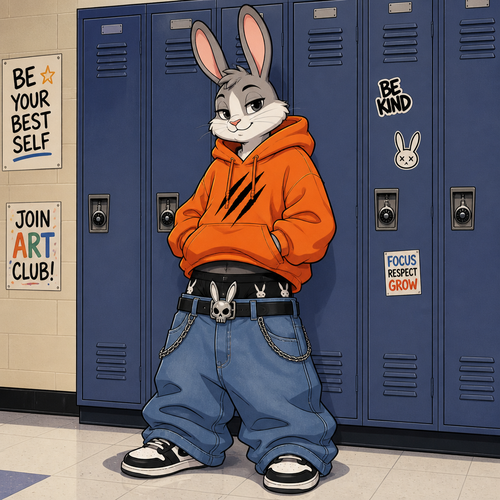 A young male grey and white rabbit wearing extremely loose jeans with a belt that has a rabbit skull design, black colored underwear that comes up above the jeans waistline, a oversized orange hoodie with a three slash mark design on the front. He is standing in front of a row of lockers in the hallway of a middle school. Cartoon art style. Full body