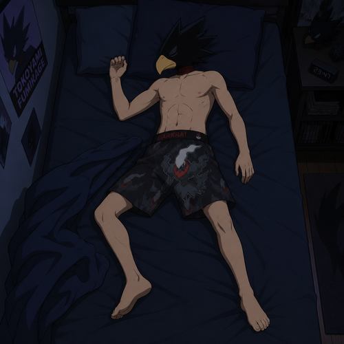 Tokoyami Fumikage wearing loose Darkrai themed underwear. He is sleeping on his bed. Anime art style, solo, full body.