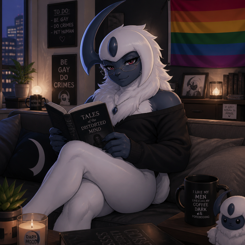 A well-made grown homosexual Pokemon male character, Absol. Sits on a sofa. Lives in an apartment. A dreamy roommate. Reading a scary book. Pride flag on a corner. Has thin thighs and a round buttocks. Wears eyeliner. Wears a reading glasses. Gay and friendly.
