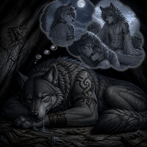 A well-made big and strong alpha male grey wolf tribal adult who is very sad and alone in a cave, sleeping in tears dripping, and dreaming in thoughts of how much he misses his ex-mate the grown femboy grey wolf omega tribe in his sleep.