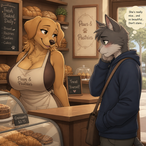 A well-made busty female anthro grown dog with floppy ears who works at the bakery and wears an apron. Meets a kind shy anthro male cat who likes and tries not to stare. 