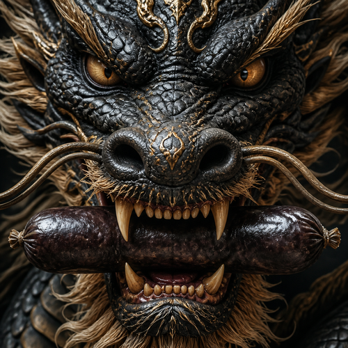 chinese dragon.face close-up.black sausage biting.
