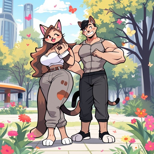 Make 2 cat furries, one a female with a big butt and boobs, and the other a buff cat