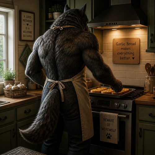A friendly neighbor, a Werewolf. Wears an apron while cooking some garlic bread. Well-made version. Rear view.
