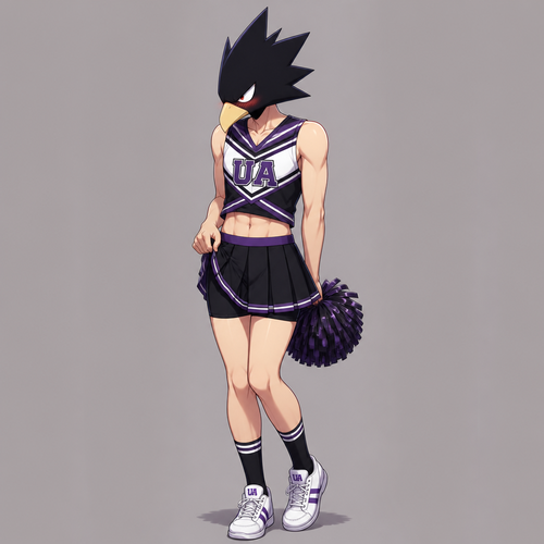 Tokoyami Fumikage wearing a men’s cheerleaders uniform. He is blushing. Solo full body