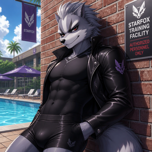 Wolf O’Donnell wearing tight black swim trunks and a tight black shirt and a leather jacket. He has a smirk on his face and push the fur on his head back. He is leaning against a brick building near a pool. Anime style art