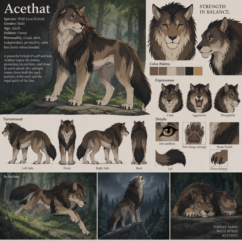 A male quadruped wolf lion hybrid named Acethat lives in the forest, reference sheet, animated version 