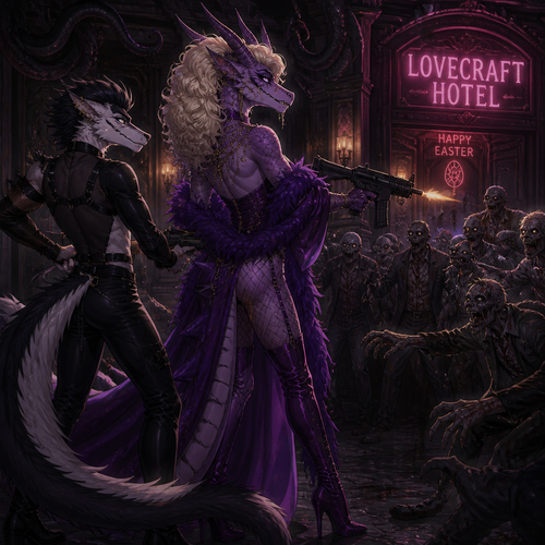 A well-made homosexual male character, Sergal and the drag queen a Dragon male (so well-made and sexy), both facing the living dead inside the lovecraft hotel on today’s Easter. A badass animated version of reality. Side view.