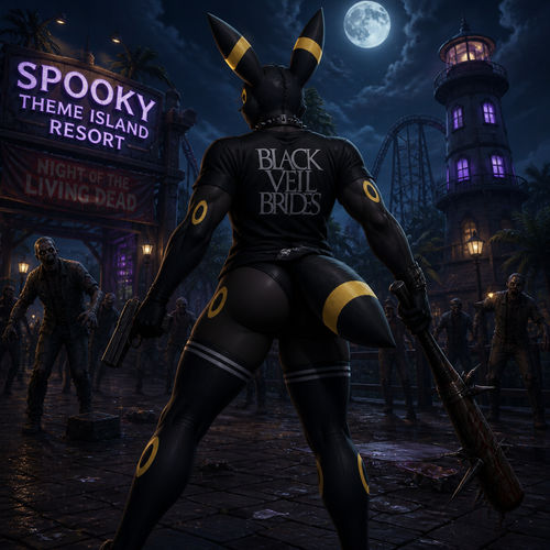 A well-made homosexual male anthro Umbreon with thigh highs and buttocks also wears a T-shirt that says Black veil Brides, surviving the night of the living dead at the spooky theme island resort. Well-made animated version. Has a tail on a tailbone. Has agility and endurance. Learned how to use melee and firearm weapons. Back View.