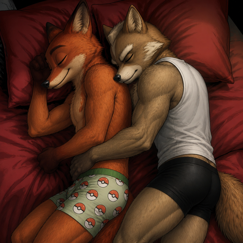 Nick Wilde wearing Pokémon style boxers sleeping on a big bed with red sheets. Sleeping next to him is his boyfriend Fox McCloud wearing tight black boxers and a white sleeveless shirt. Realistic style look with a comic book aesthetic.
