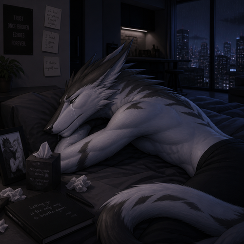 A sad grown male Sergal laying on bed eyes closed tears dripping a little at the apartment for being hurt and betrayed by his ex-boyfriend the billionaire Sergal to forget about their relationship and the rest.