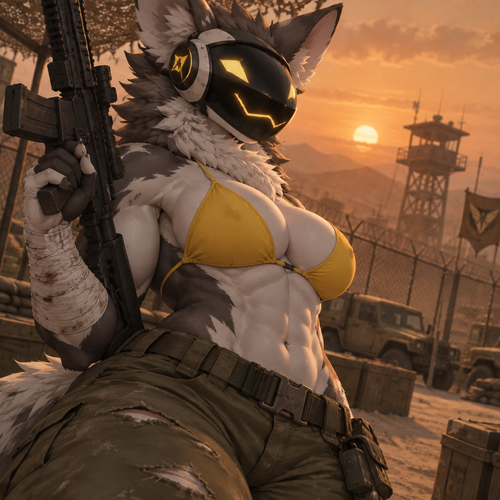 A digital illustration of an anthropomorphic Protogen character with an attractive, muscular physique—displaying powerful biceps, a full bust, and defined abs. She wears worn-looking olive-green military pants and a bright yellow bikini top, maintaining a confident expression. Her right arm is heavily wrapped in white bandages extending from the wrist to the mid-forearm, and she holds a black tactical rifle. She poses confidently and with a hint of excitement in front of a desert military base; the silhouette of a distant watchtower and a wire fence stand out against a hazy, orange-hued sky. The composition is a half-body shot focusing on the character's torso and face, utilizing a dramatic, extreme angle. Directional lighting creates soft shadows that accentuate the contours of her silhouette. The color palette is dominated by subdued earth tones that contrast sharply with her fur and the vibrant yellow of her swimwear. The atmosphere is rugged yet serene.