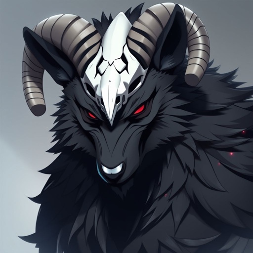 Ram Skull head ,red eyes , male wolf anthropomorphic, black fur, muscular, scary and sexy