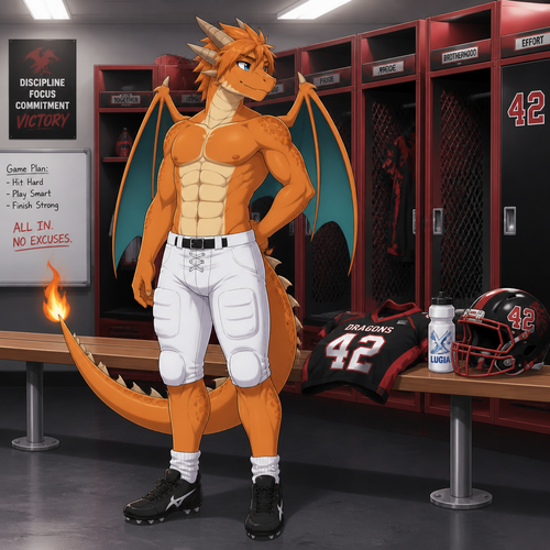 A young high school aged orange male dragon wearing white football pants, black football shoes standing in the locker room. We can see 6 pack of abs as he is looking over his shoulder. On a bench between the football lockers lies a a red and black football jersey, a Lugia themed water bottle, and a red and black helmet with the number 42 on the sides. Anime style, front view, full body.