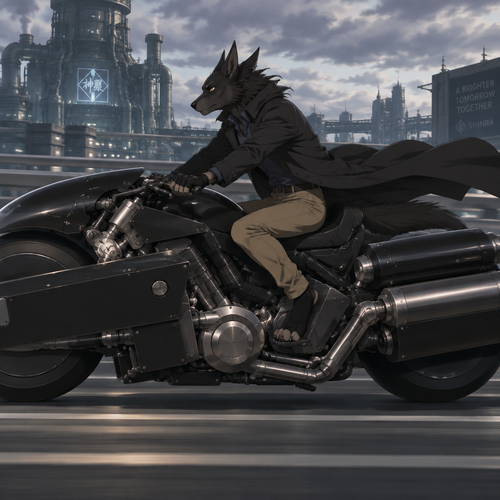 male, black fur, maned wolf, golden eyes, digitigrade footpaws, toned body,dark blue shirt, khaki pants, black pawsocks that expose the toes on the footpaws, wearing a black trenchcoat, anime style, riding Final Fantasy Advent Children Cloud Strife Motorcycle, side view, wide screen