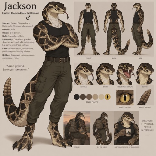 A male anthropomorphic eastern diamondback rattlesnake named Jackson, reference sheet