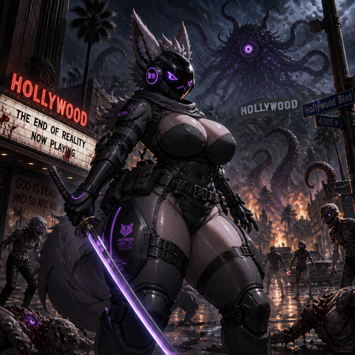 A busty well-made adult anthro waterproofed Protogen that has thick thighs and survival gear on and holding a saber sword facing a mixed up dark spicy lovecraft zombie apocalypse, in Hollywood alone. Anime verse.