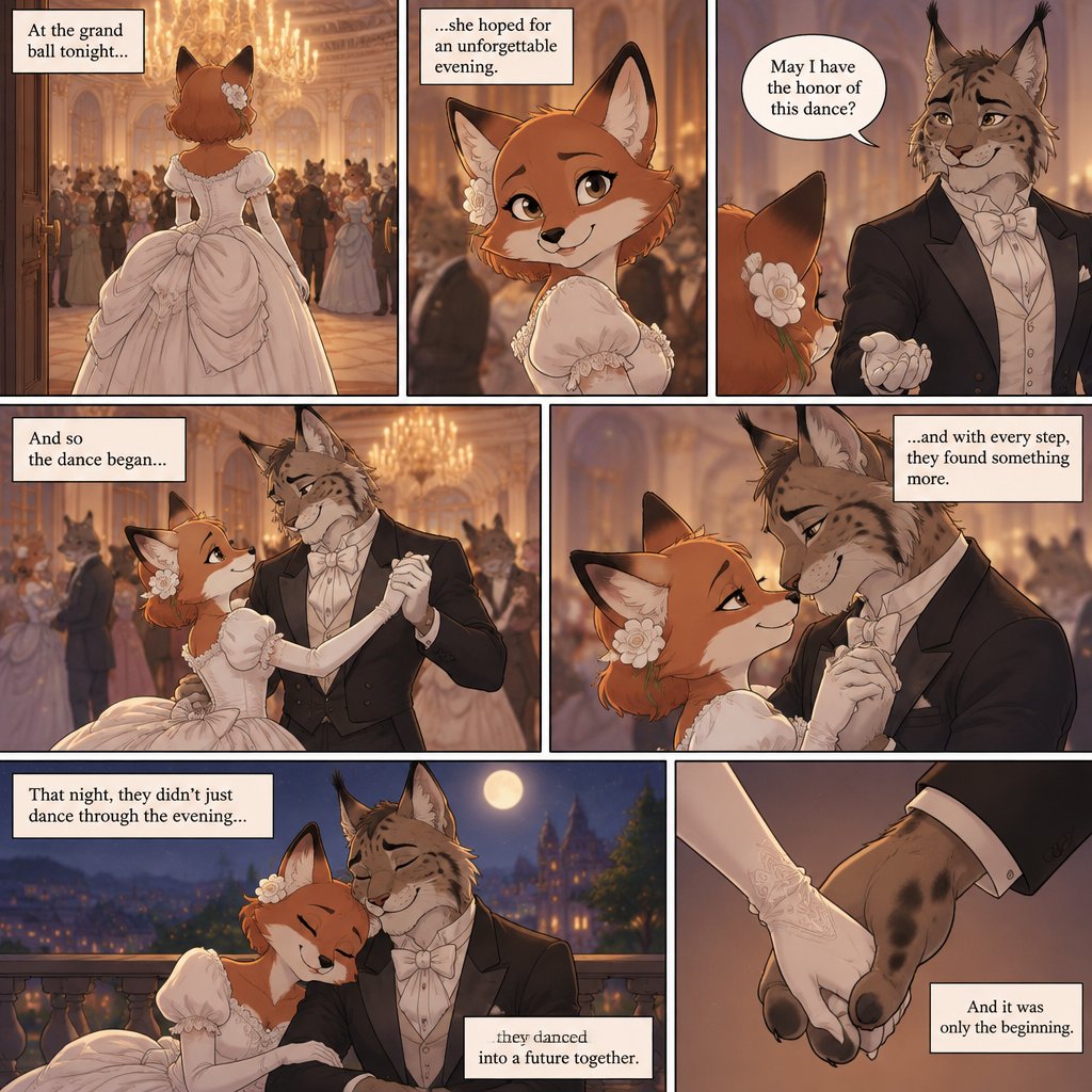 A multi panel comic about a female anthropomorphic fox wearing a white dress with a big bustle, first she goes to a ball room then a lynx who asks her to dance and then they fall in love with each other, animated style