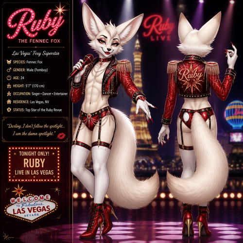 A well-made white furred fennec Fox male named Ruby, wears something attractive for entertainment for a show by self to dance/sing. Wears eyeliner and lipstick. Has a bushy tail. A grown femboy anthro. A star in Las Vegas. Well groomed. Front/back view. Animated verse.