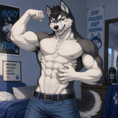 A young male husky wearing blues jeans with a belt tight on his waist and no shirt. Flexing his arms showing off his muscles while rubbing his 8 pack abs. Anime art style
