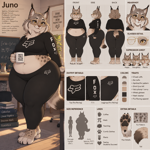 A very plump female anthropomorphic Canadian Lynx named Juno, has cheek ruffs and ear tufts like a normal lynx, is wearing a long sleeve crop top and black leggings with a tight waistband, both her crop top and leggings are fox racing brand, wears glasses, her glasses are gold aviator frames, is a math teacher, is in a room alone, animated version, reference sheet, one big picture