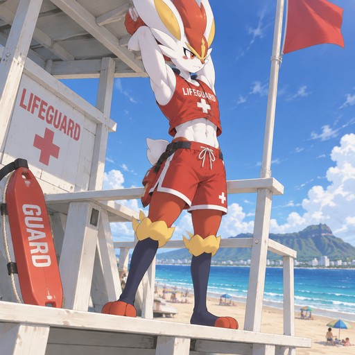 Male Cinderace wearing a lifeguard uniform. Standing on top of a lifeguard tower at a beach stretching letting a bit of abs show. Anime art style, full body.