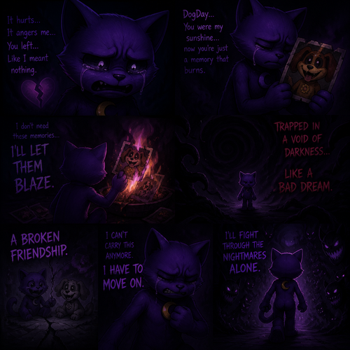 In Smiling critters verse, Catnap with feelings hurt and tears with anger and a heart broken, wants to forget about his ex-friend DogDay and let his memories ablaze. Trapped Into a void of darkness like a bad dream. A broken friendship. Moving/carry on and fight through the horrifying threats alone.