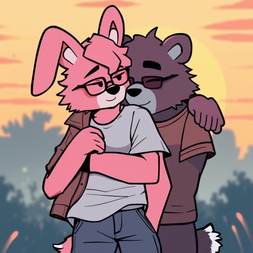 Bunny,fursona,pink,cute,gay,soft,tall,has glasses,jacket,jeans,fluffy,hair covering eyes,puffy hair, he is cuddling his bf who is a bear with t shirt