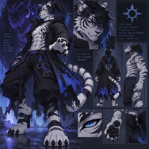 Male, anthro white tiger, digitigrade footpaws, thick black hair with blue tips, hair in a long ponytail, blue eyes, virus digimon