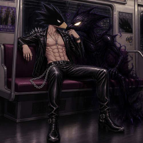 Tokoyami Fumikage wearing leather pants with a chain hanging off the right hip, shirtless showing off 16 pack of abs, and a leather jacket with shirt spikes on the shoulders of the jacket. He is sitting on a train flirting with his quirk Dark Shadow who is male. Anime art style, full body.