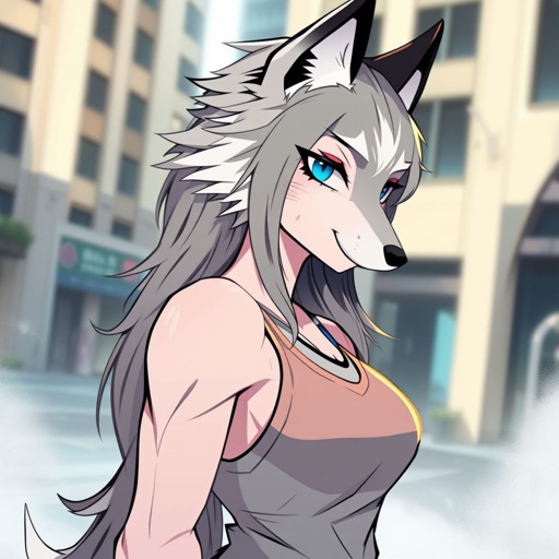 female,wolf, upper body, tank top, side boob, grey fur, blue eyes