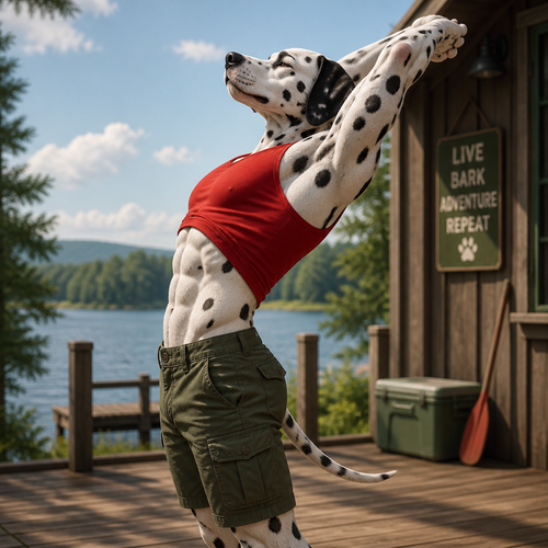 A handsome young male Dalmatian wearing green cargo shorts and a tight red sleeveless shirt. Has a six pack abs, stretching his arms upwards while leaning back. Side view.