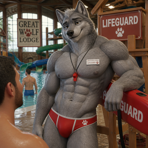 A well-made buff gay grey Wolf male character who works at Great Wolf Lodge the water park as a lifeguard and wears speedos. Sees a friendly man with a pleasure look.