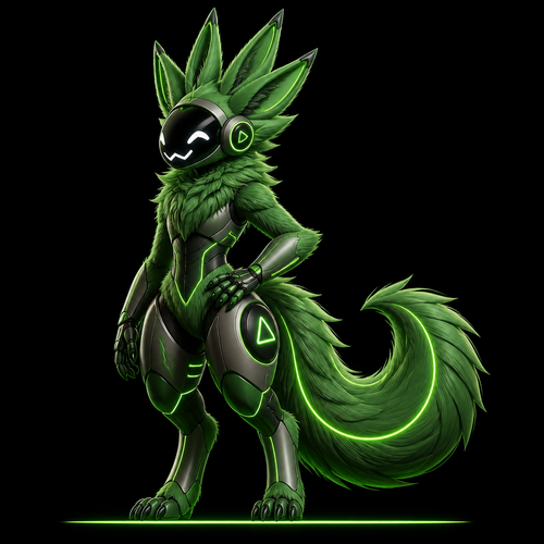 green with a line green under body protogen 
and black background for the screen with white face 4 ears long fluffy tail
