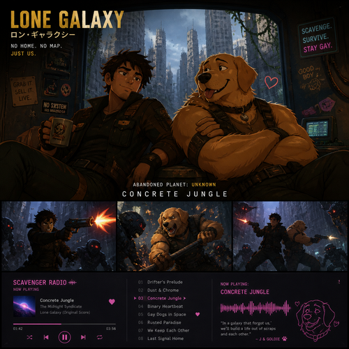 In a lone galaxy, a well-made animated version. In a spaceship, a human pilot/scavenger, and his best friend a thick homosexual anthro gay golden retriever with floppy ears. Both finding themselves on a scavenging hunt and knows how to defend themselves from any threats even some robots. In an abandoned planet unknown in a concrete jungle. And do better with music.