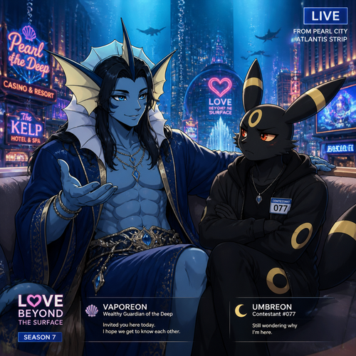 In a dating reality show on live, a very wealthy loving grown Vaporeon gay male with buff body and dark long hair color that wears a robe (like a guardian of a deep blue sea) who invited a non-rich anthro grown Umbreon male that doesn’t want to be here and wonder why. A well-made animated version. In the city underwater that looks like Las Vegas. A modern life. gentle and kind. 