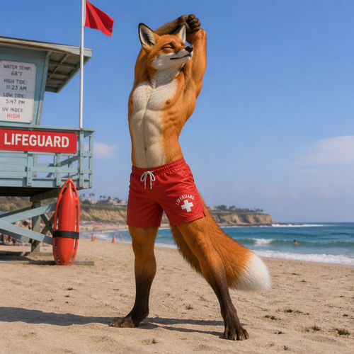 A male fox stretching from a hard days work. He is a lifeguard at a beach. No shirt. Full body.