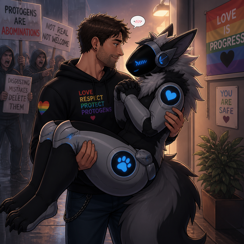 A shy (well-made original character) thick grown Protogen who’s been carried by a friendly/loving Human male as a liberal and a Protogen lover who is saving from the haters. Well-made animated version. Side view. Looking at each other.