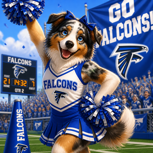 A female Australian shepherd cheerleader in a blue and white uniform cheering for a team called the “Falcons”, animated 