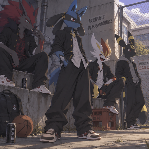 A high school aged male Lucario dressed as a Japanese bad boy with gold piercings on his ear and aura feelers. He is hanging out with some friends behind the school. Anime art style, full body.