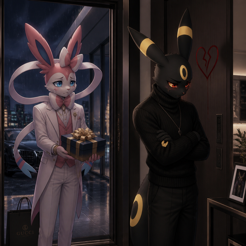 A sad rich male Sylveon, who came to see and offering a gift with a bow on it for apology, Still loves his male Umbreon that wears black sweater standing on a front door inside of his modern house very unhappy to see and still has a broken heart. In the anthropomorphic universe (well-made).