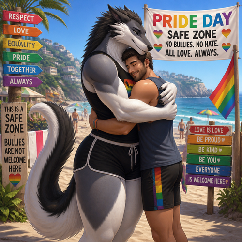 A well-made homosexual gay Sergal (male character) that wears tank-top and shorts that also has thick thighs and long tail is hugging a man on pride day where no any bully that bullies are not welcomed on a safe zone of a beach.