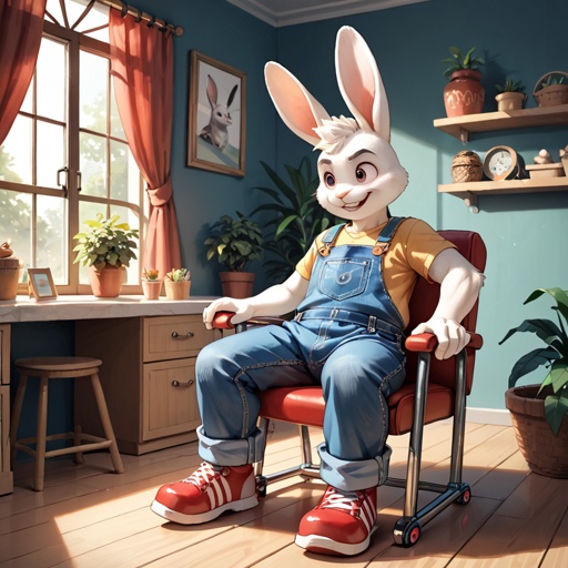 Super fat black male rabbit in overalls in a rocking chair 