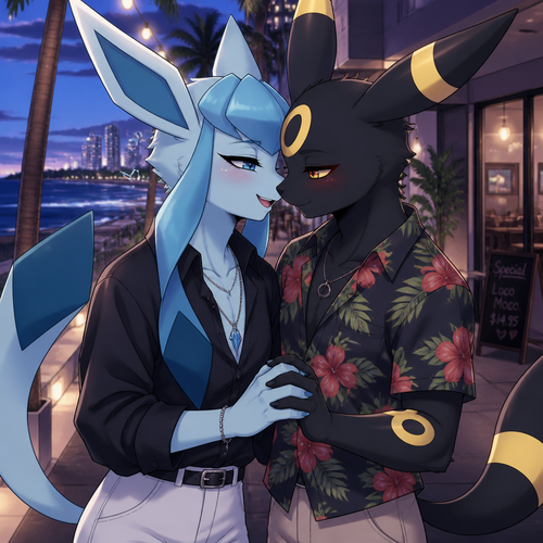 Barron Lucian Glaceon (The Barron Glaceon that wears eyeliner) so happy yet in love with his true soulmate, Rick (the non-rich grown Umbreon) came from Hawaii where he lives, wants to hold hands and kiss. In modern life. Well-made version and characters. Nothing like some billionaire lunatics. Anime.