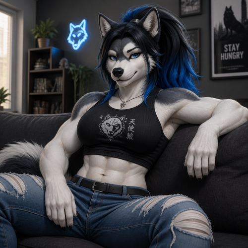Muscular Husky wolf woman in a crop top and ripped jeans, with long blue tipped hair in a ponytail, sitting on a couch at home.